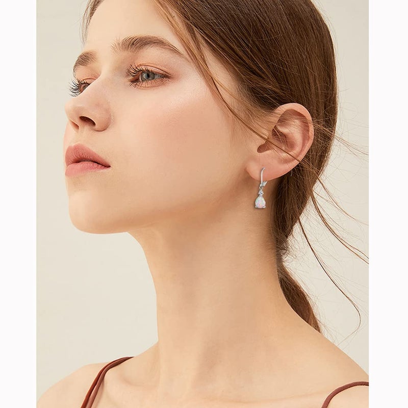 CiNily Womens Opal Dangle Earrings Leverback Drop Earrings 14K White Gold Plated Teardrop Gemstone Earrings - Image 2